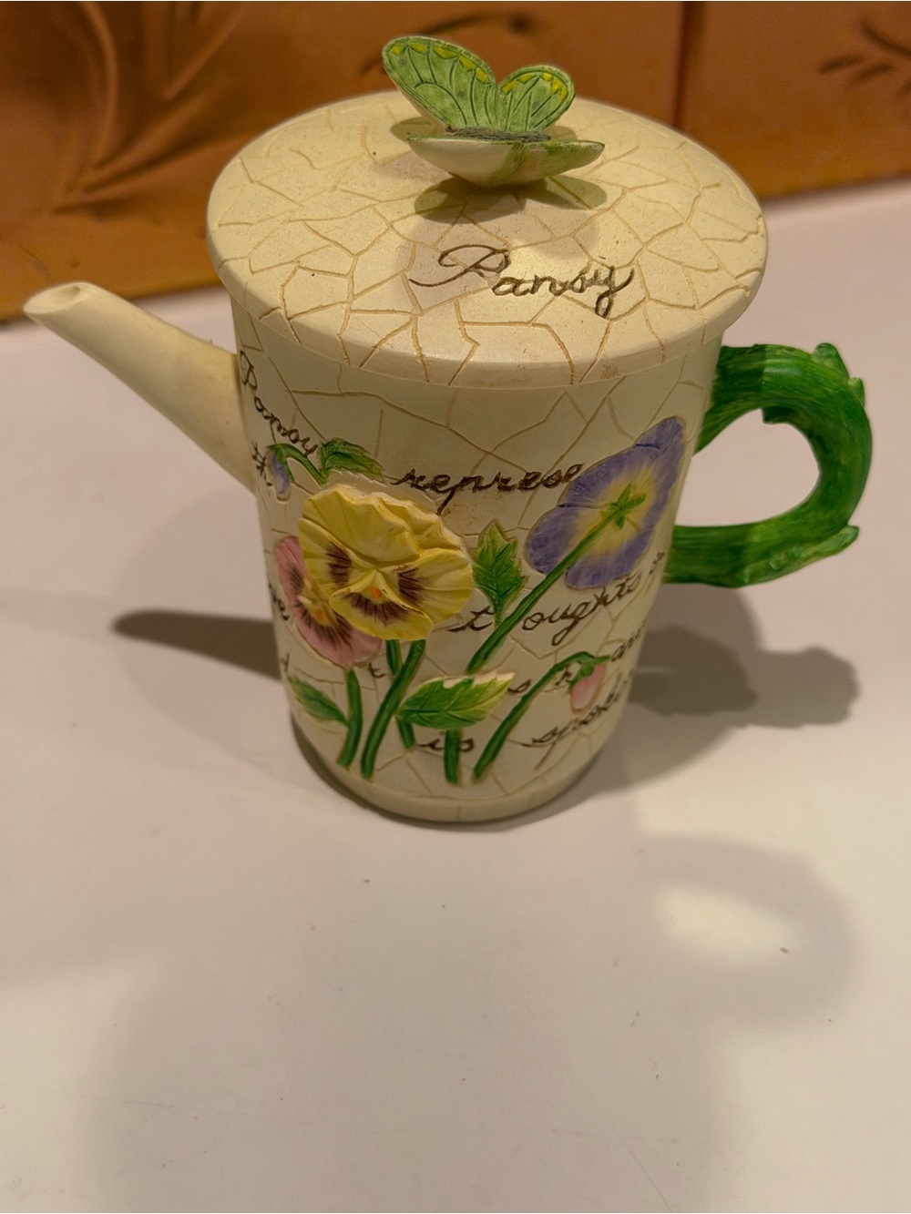 Vintage Pansy Floral Decorative Resin Teapot with Butterfly Lid